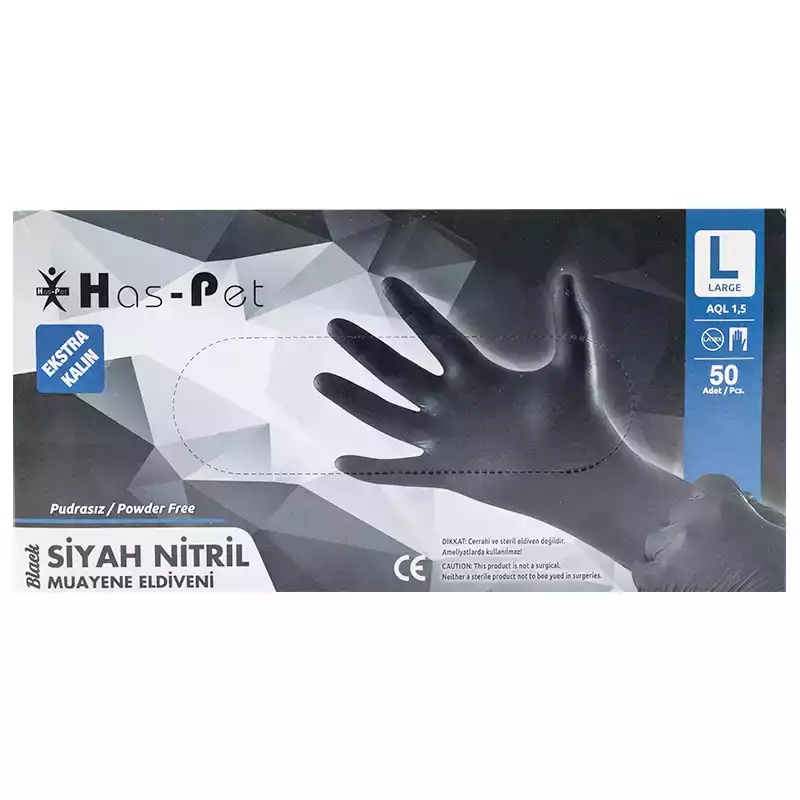 Haspet Kalın Siyah Nitril Large Pudrasız Muayene Eldiveni 50' Li - Haspet