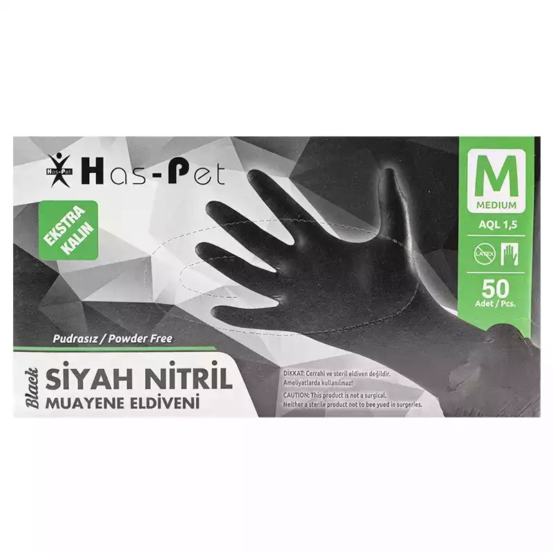 Haspet Kalın Siyah Nitril Medium Pudrasız Muayene Eldiveni 50Li - Haspet