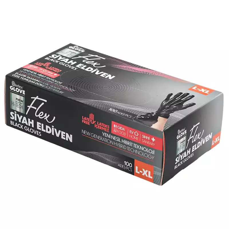 Reflex Flex Pudrasız Eldiven Siyah Hibrit Large XLarge Eldiven 100'lü - Haspet