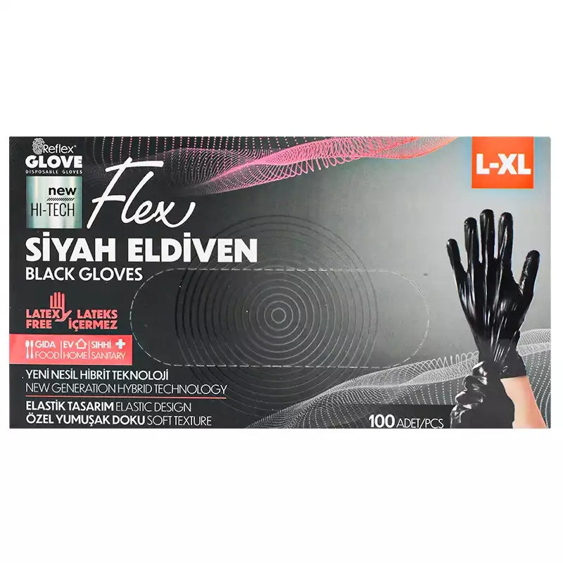 Reflex Flex Pudrasız Eldiven Siyah Hibrit Large XLarge Eldiven 100'lü - REFLEX (1)