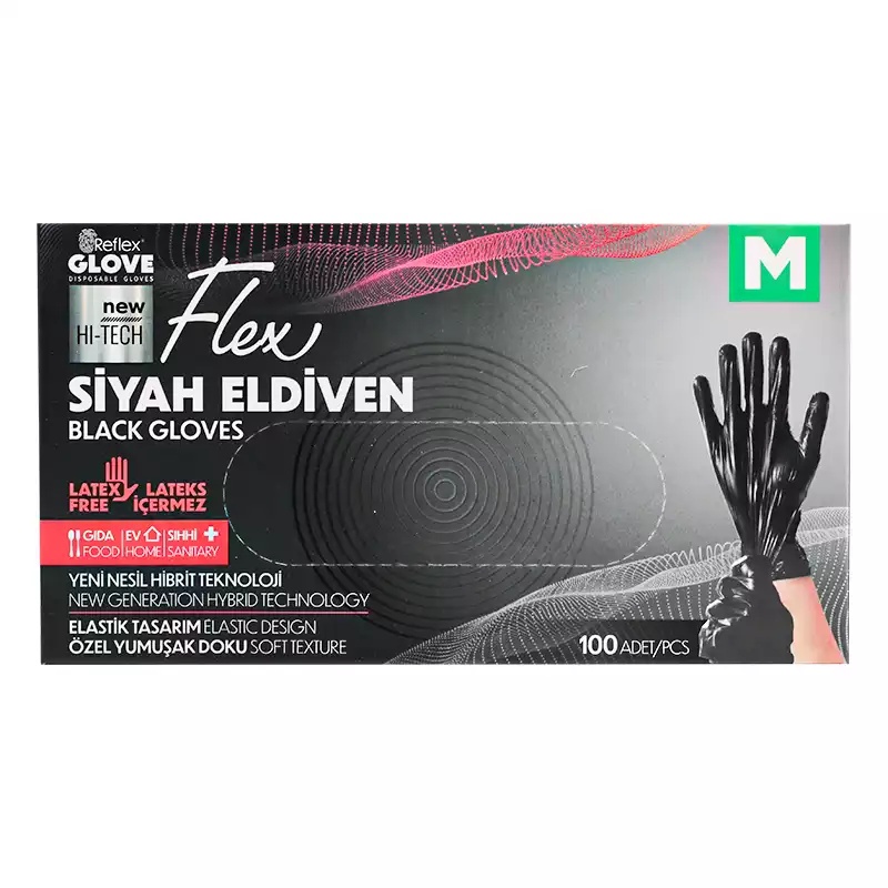 Reflex Flex Pudrasız Eldiven Siyah Hibrit Medium 100'lü - Haspet (1)